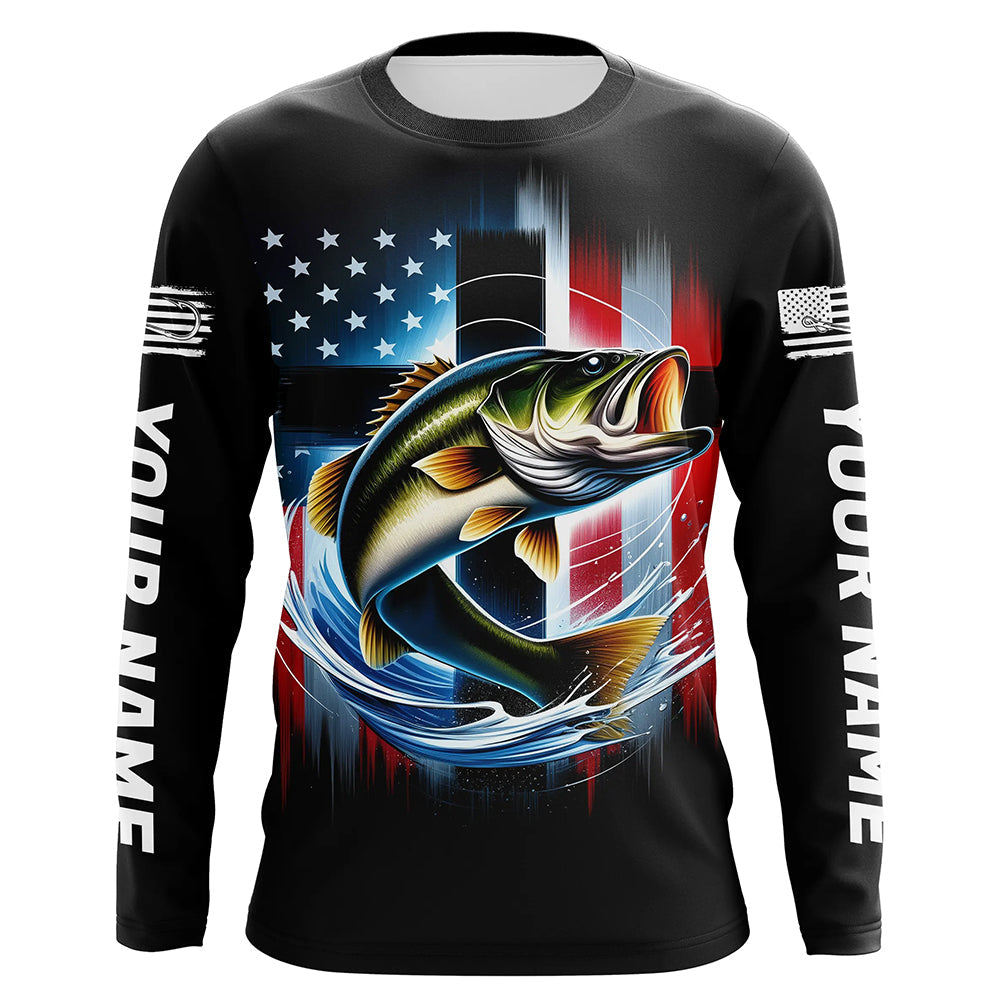 American Flag Cross Custom US Patriotic Largemouth Bass Long Sleeve Hooded Tournament Fishing