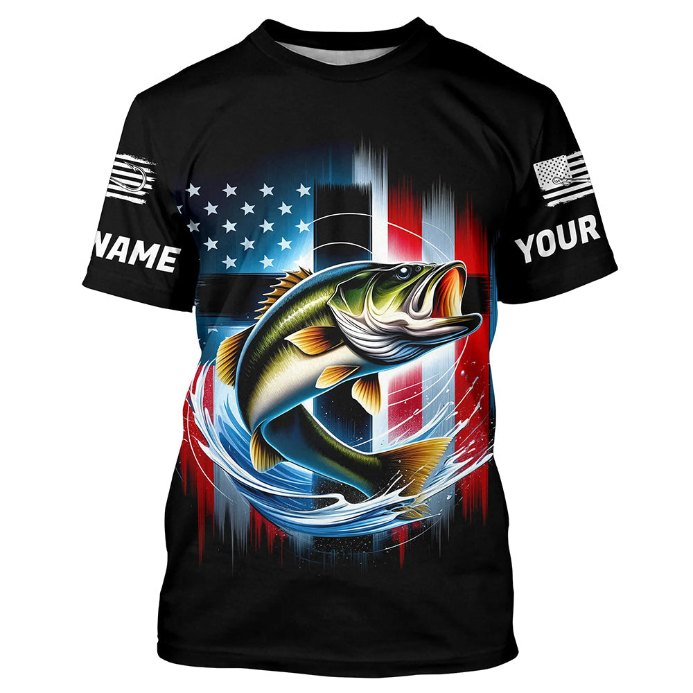 American Flag Cross Custom US Patriotic Largemouth Bass Long Sleeve Hooded Tournament Fishing