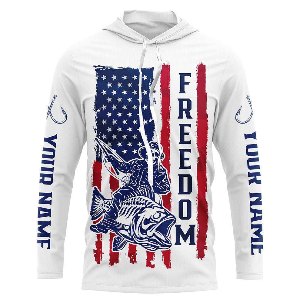 Personalized Skull Fisherman American Flag Long Sleeve Fishing, Patriotic Fishing Gifts