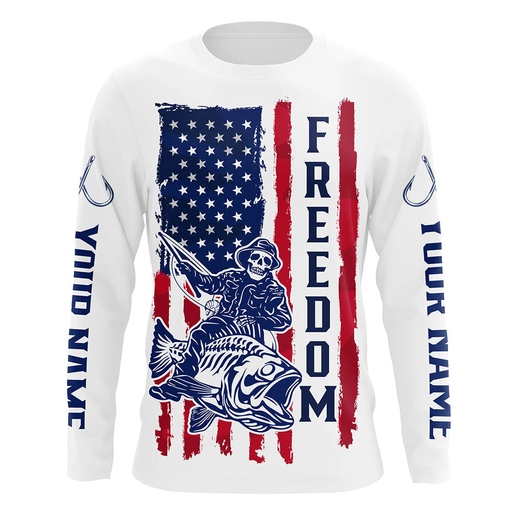 Personalized Skull Fisherman American Flag Long Sleeve Fishing, Patriotic Fishing Gifts