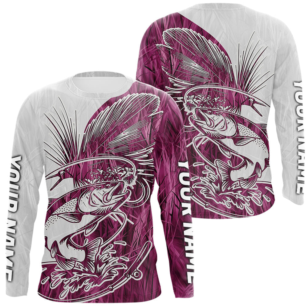 Custom Trout Fly Fishing Pink Camo Long Sleeve Hooded Fishing, Fly Bait Trout Flyfishing