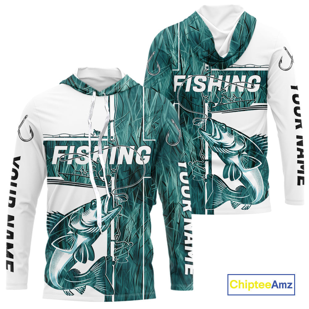 Custom Greenish Blue Grass Camo Cross Faith Walleye Long Sleeve Hooded Tournament Fishing