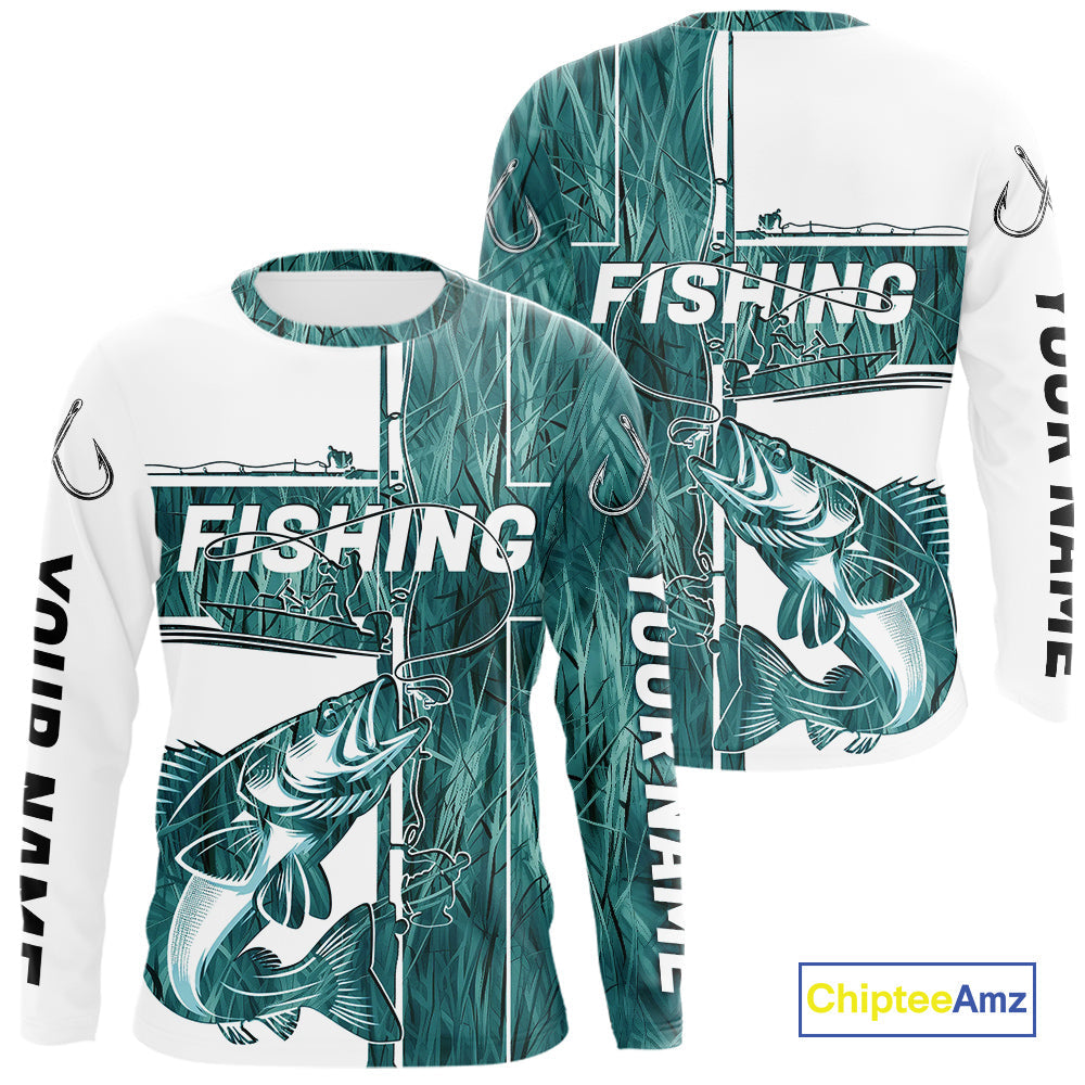 Custom Greenish Blue Grass Camo Cross Faith Walleye Long Sleeve Hooded Tournament Fishing