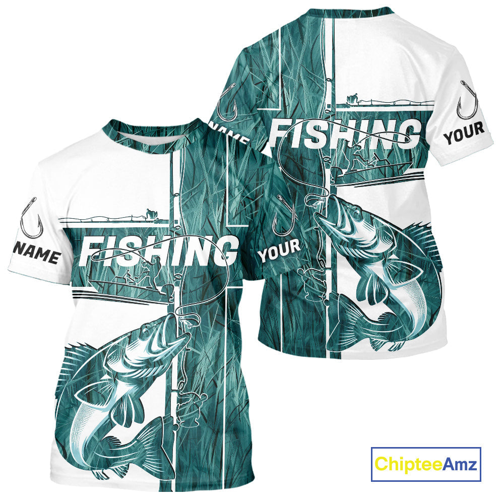 Custom Greenish Blue Grass Camo Cross Faith Walleye Long Sleeve Hooded Tournament Fishing