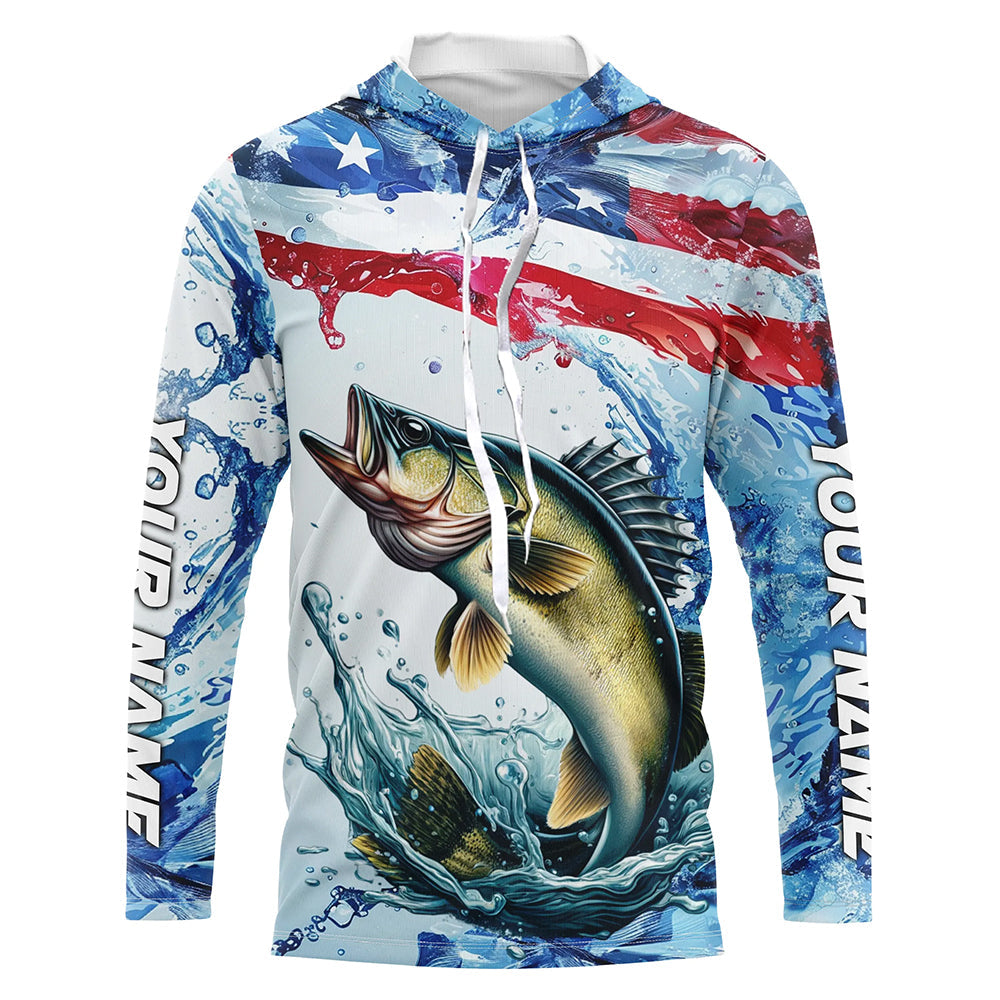 Personalized Patriotic Walleye Long Sleeve Fishing, American Flag Fishing
