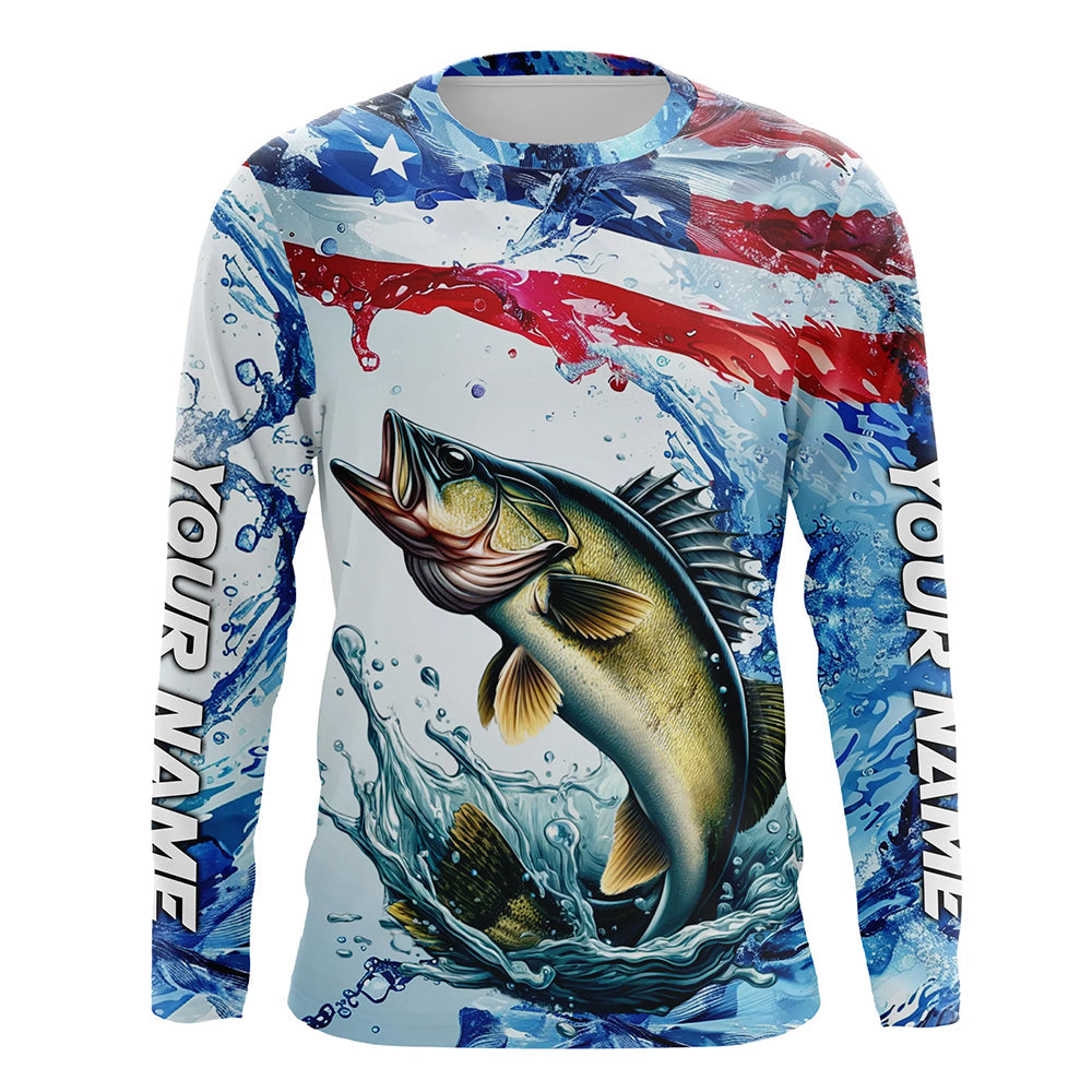 Personalized Patriotic Walleye Long Sleeve Fishing, American Flag Fishing