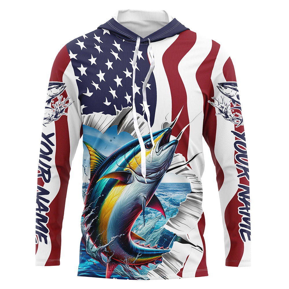 Personalized American Flag Tuna Long Sleeve Fishing, Patriotic Tuna Fishing