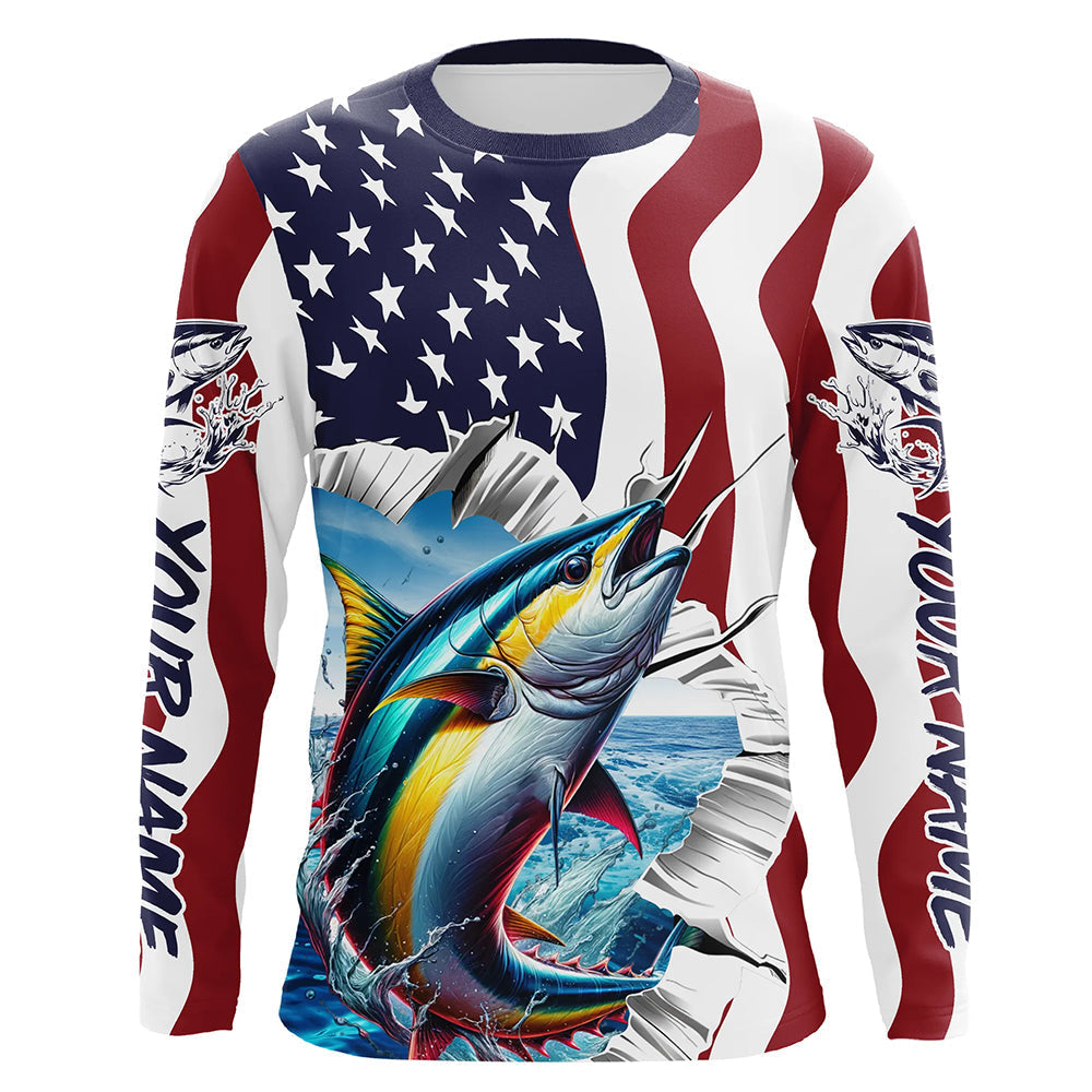 Personalized American Flag Tuna Long Sleeve Fishing, Patriotic Tuna Fishing