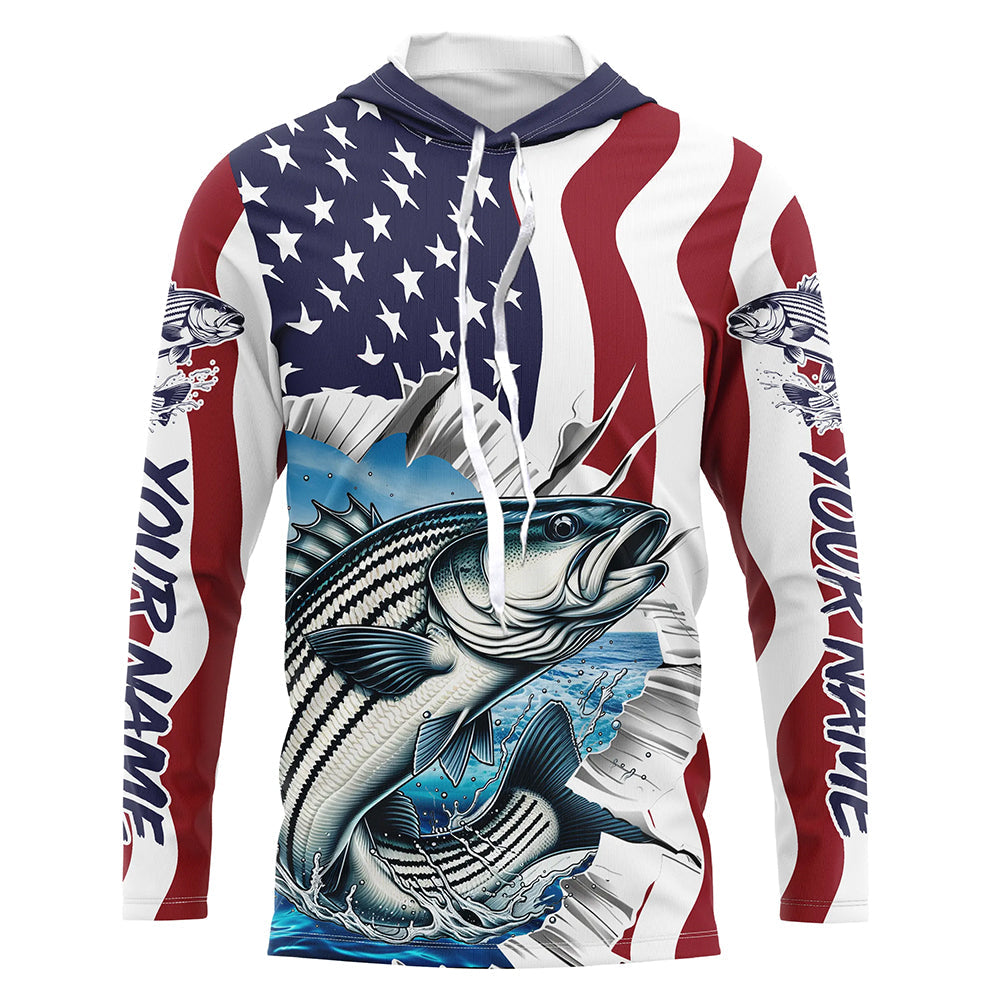 Custom American Flag Striped Bass Long Sleeve Fishing, Patriotic Striper Fishing