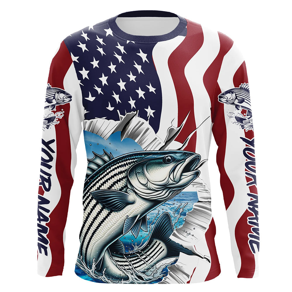 Custom American Flag Striped Bass Long Sleeve Fishing, Patriotic Striper Fishing