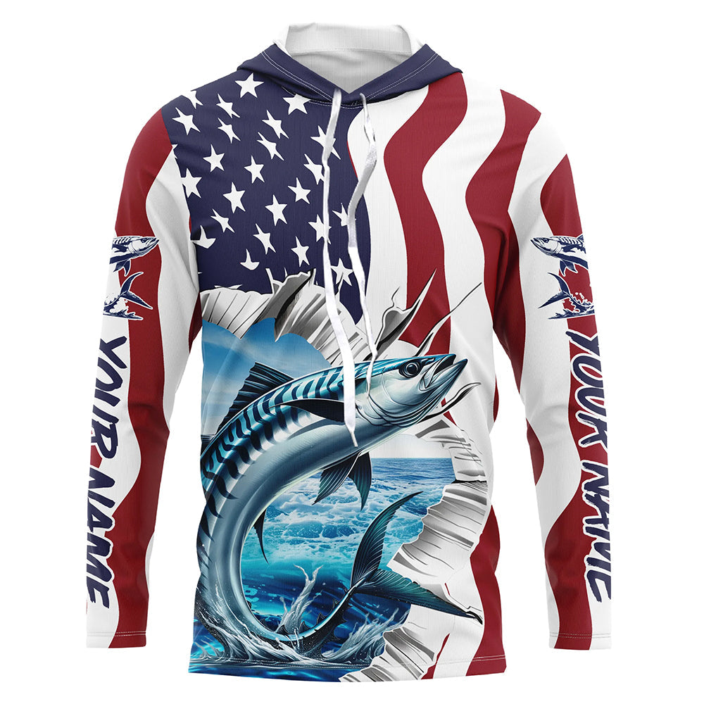 Custom American Flag King Mackerel Long Sleeve Fishing, Patriotic Kingfish Fishing