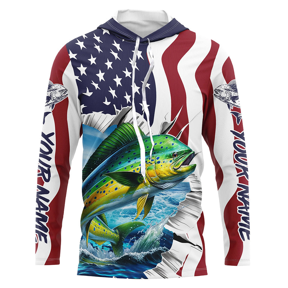 Custom American Flag Mahi Mahi Long Sleeve Fishing, Patriotic Mahimahi Fishing