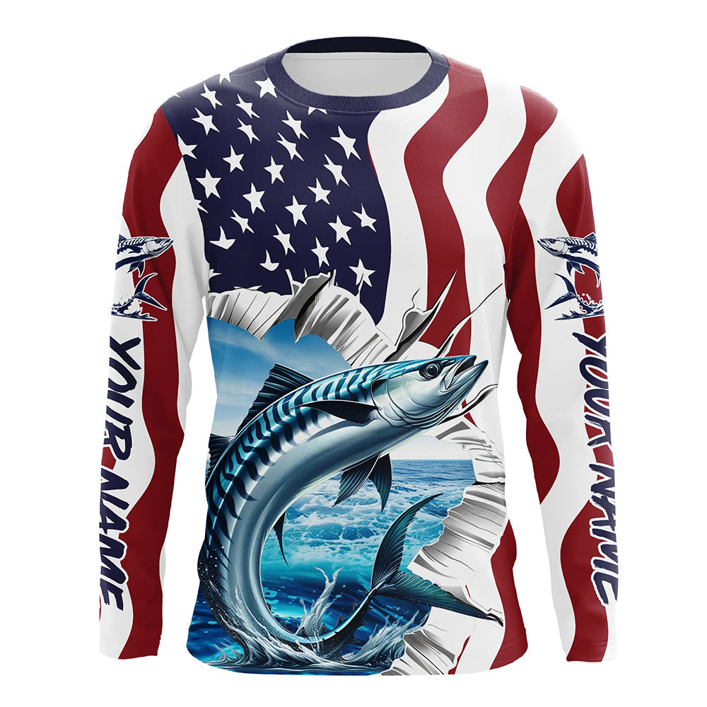 Custom American Flag King Mackerel Long Sleeve Fishing, Patriotic Kingfish Fishing