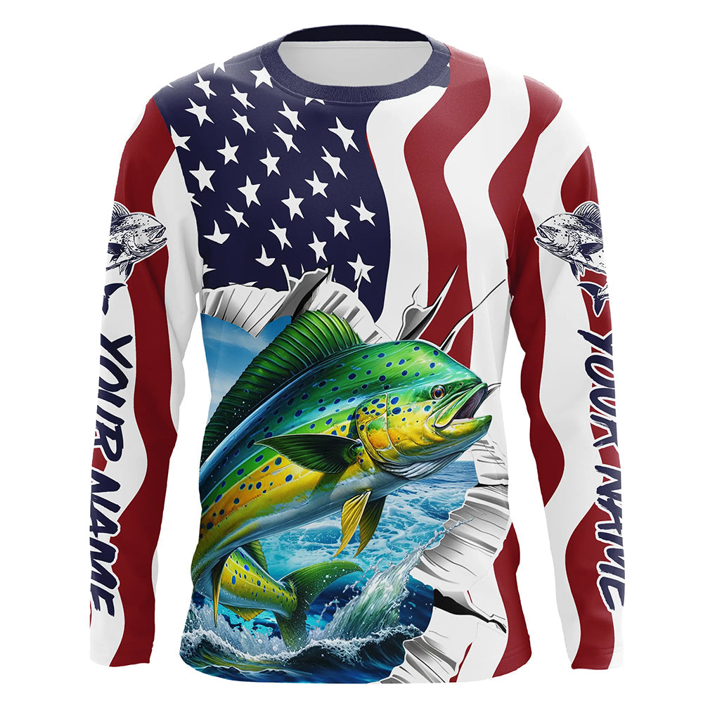 Custom American Flag Mahi Mahi Long Sleeve Fishing, Patriotic Mahimahi Fishing