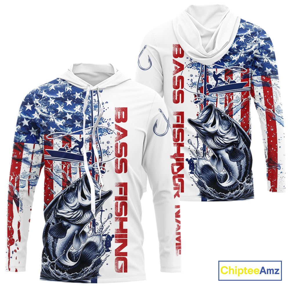 Custom Patriotic Largemouth Bass Long Sleeve Hooded Fishing, US Flag Fishing