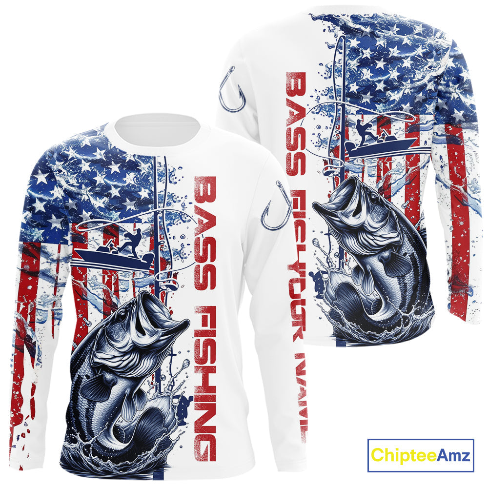 Custom Patriotic Largemouth Bass Long Sleeve Hooded Fishing, US Flag Fishing