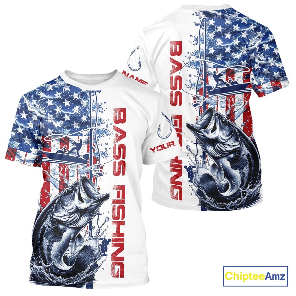 Custom Patriotic Largemouth Bass Long Sleeve Hooded Fishing, US Flag Fishing