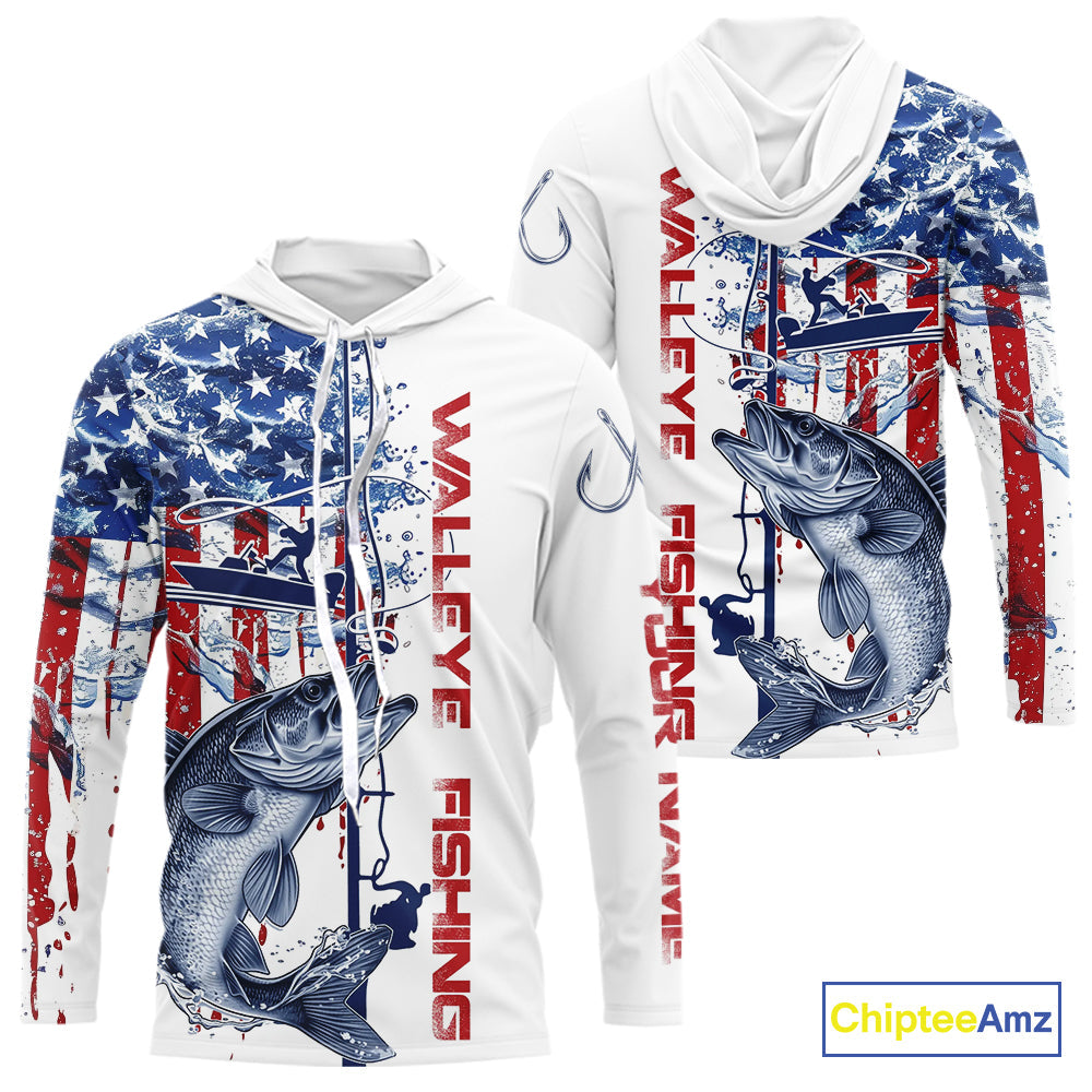Custom Patriotic Walleye Long Sleeve Hooded Fishing, Watercolor US Flag Fishing