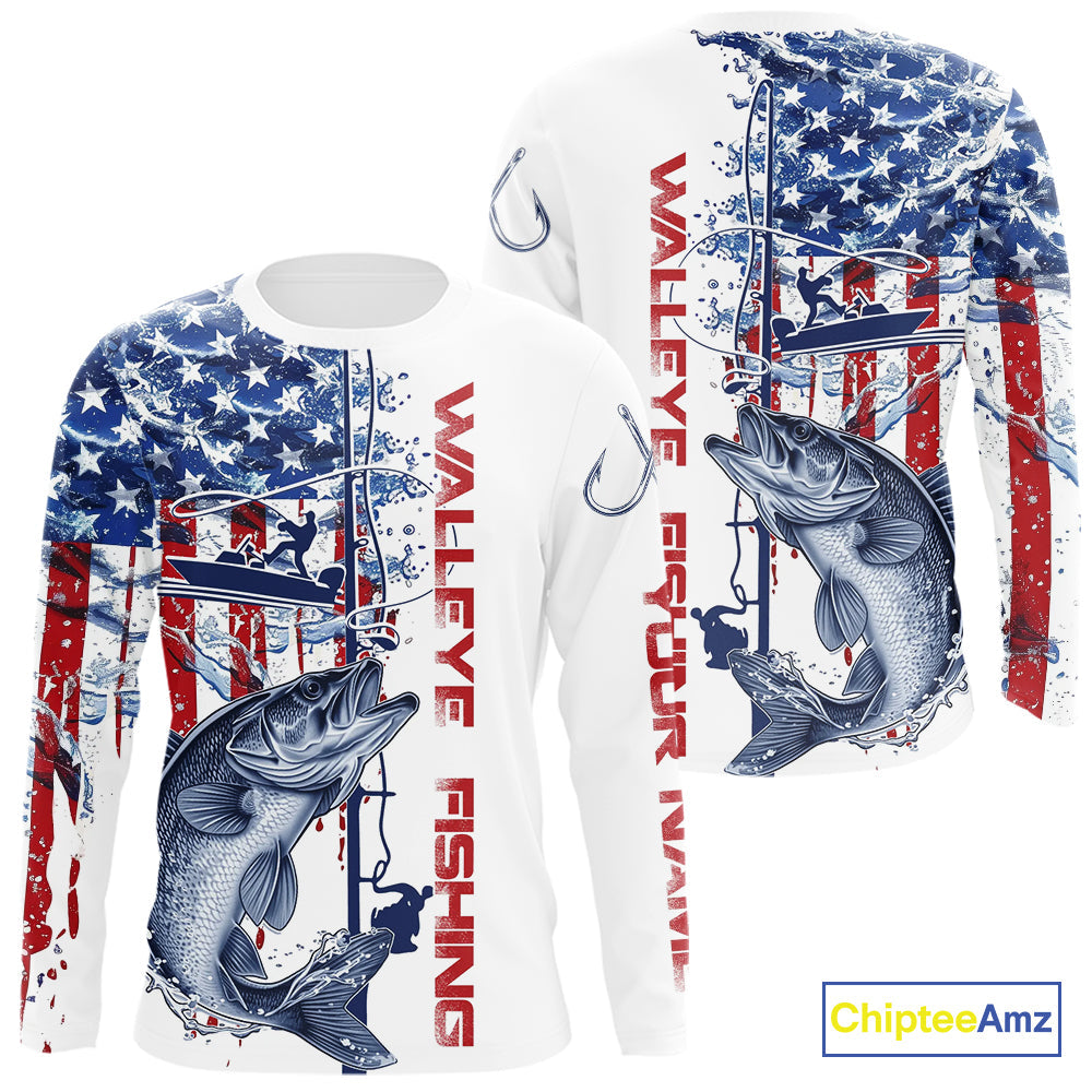 Custom Patriotic Walleye Long Sleeve Hooded Fishing, Watercolor US Flag Fishing