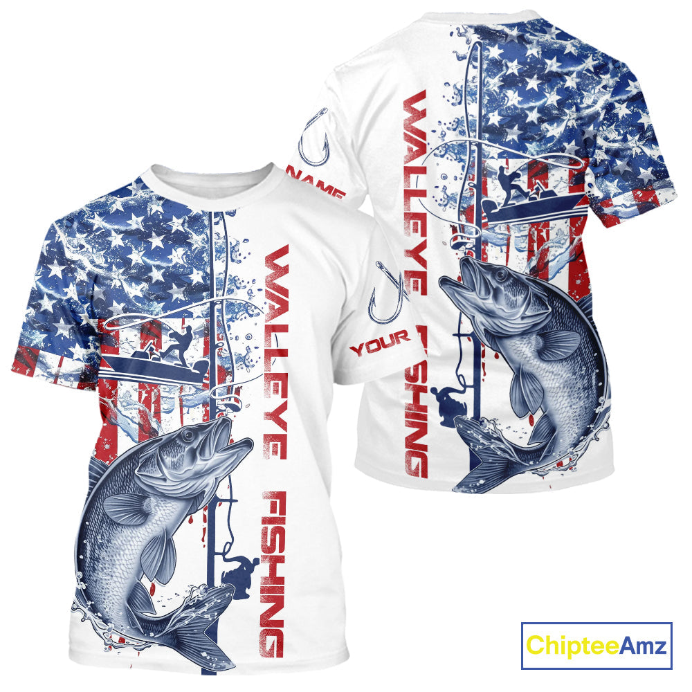 Custom Patriotic Walleye Long Sleeve Hooded Fishing, Watercolor US Flag Fishing
