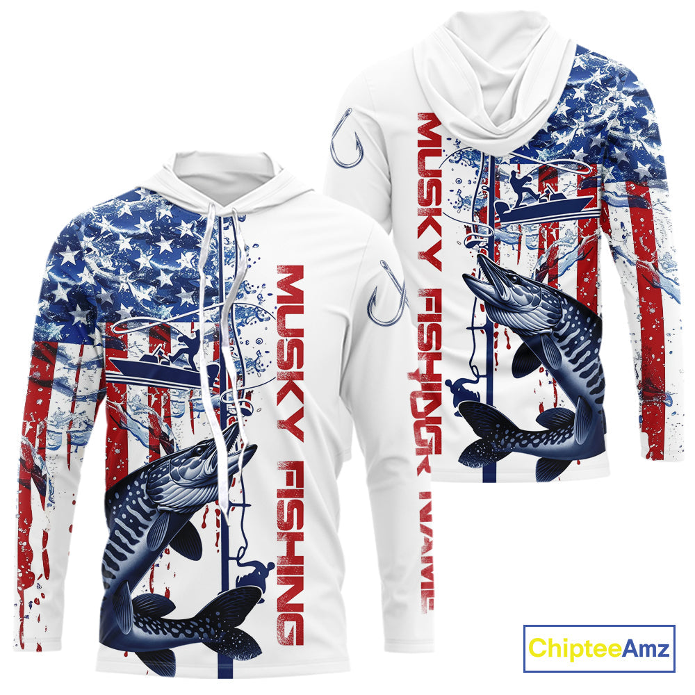 Custom Patriotic Musky Long Sleeve Fishing, Watercolor US Flag Muskie Fishing