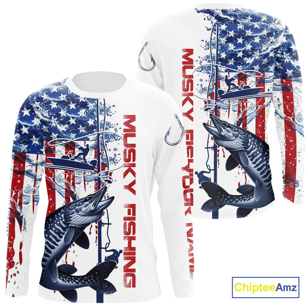 Custom Patriotic Musky Long Sleeve Fishing, Watercolor US Flag Muskie Fishing
