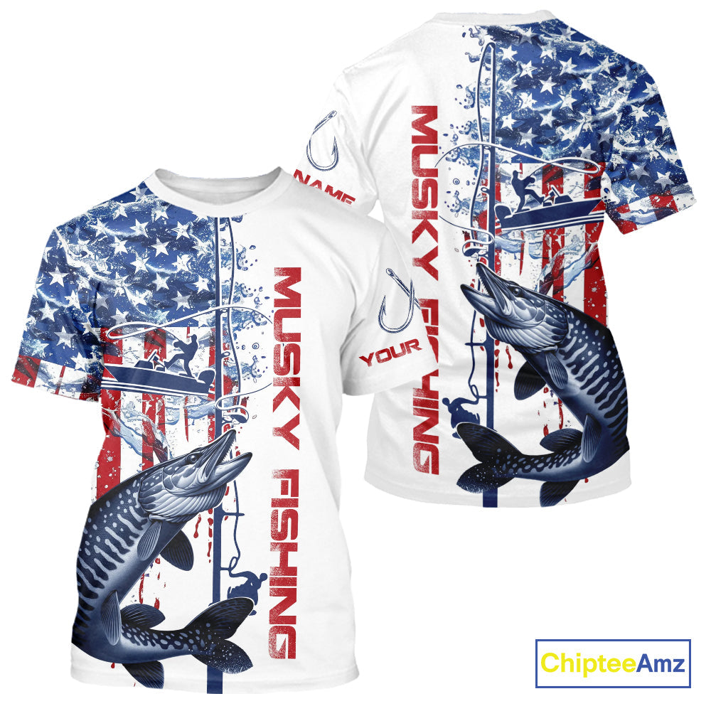 Custom Patriotic Musky Long Sleeve Fishing, Watercolor US Flag Muskie Fishing