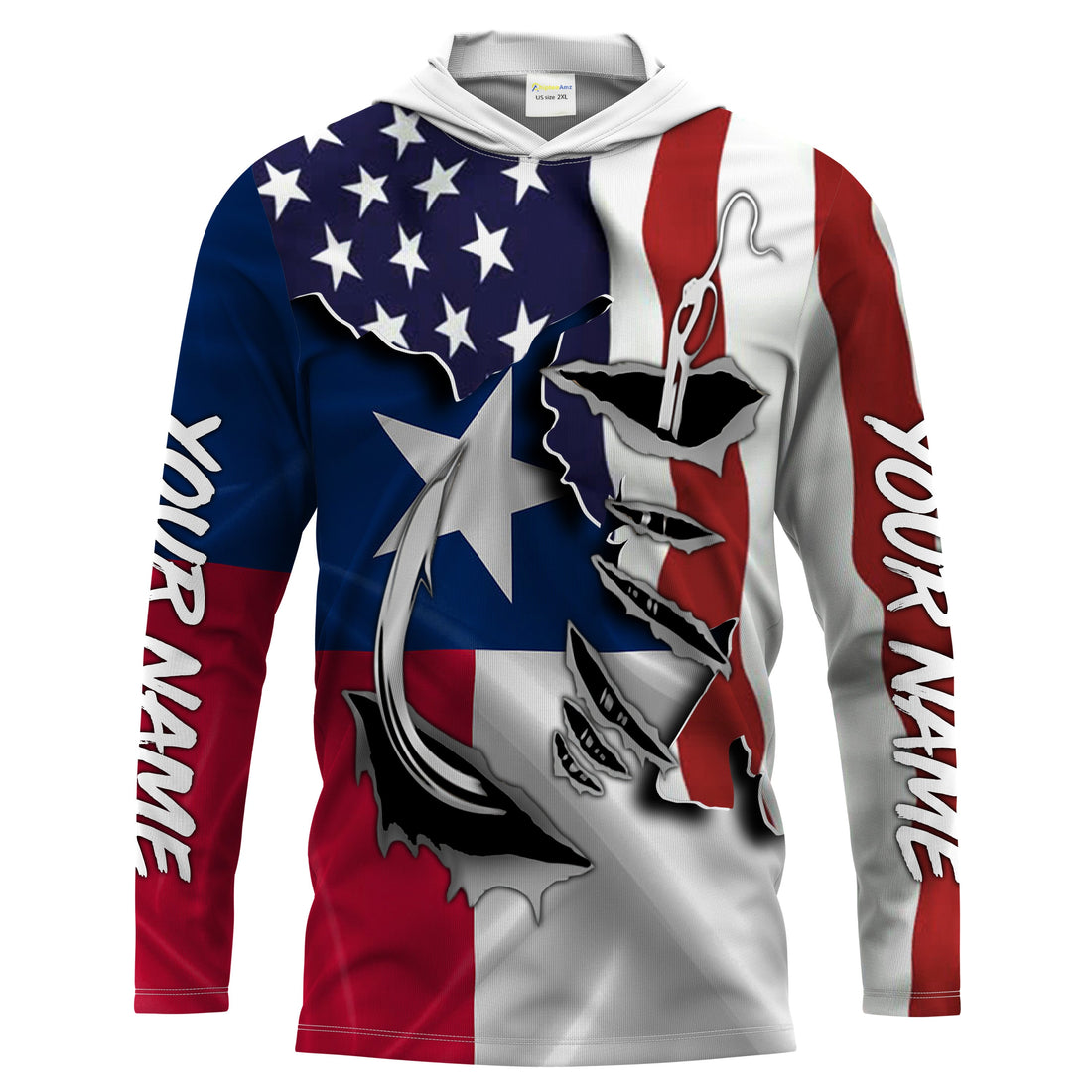 American Texas Flag Fish hook Custom UV Long Sleeve Fishing, women and kids, Patriotic Fishing gifts - IPHW814