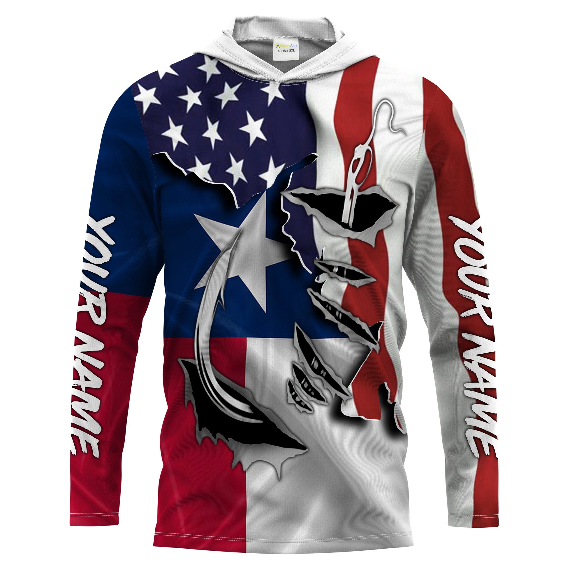 American Texas Flag Fish hook Custom UV Long Sleeve Fishing, women and kids, Patriotic Fishing gifts - IPHW814