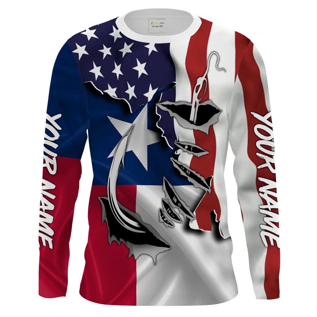 American Texas Flag Fish hook Custom UV Long Sleeve Fishing, women and kids, Patriotic Fishing gifts - IPHW814