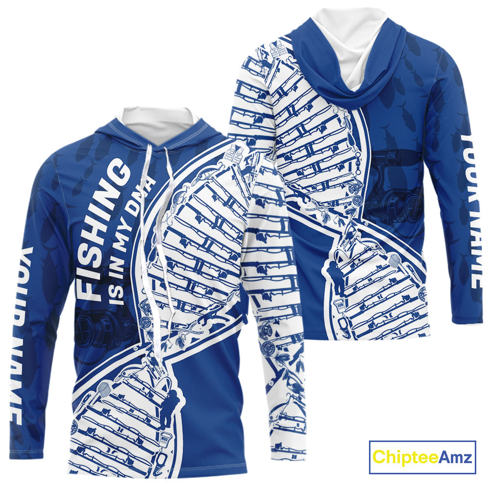 Blue And White Fishing Is In My DNA Custom Long Sleeve Hooded Fishing, Fishing Tools DNA