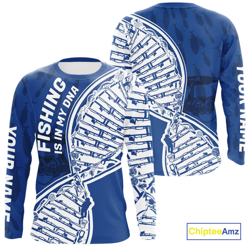 Blue And White Fishing Is In My DNA Custom Long Sleeve Hooded Fishing, Fishing Tools DNA