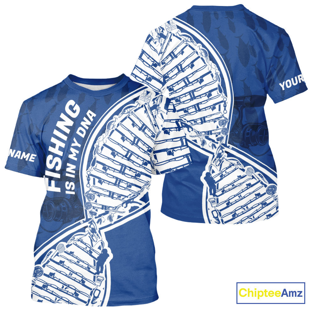 Blue And White Fishing Is In My DNA Custom Long Sleeve Hooded Fishing, Fishing Tools DNA