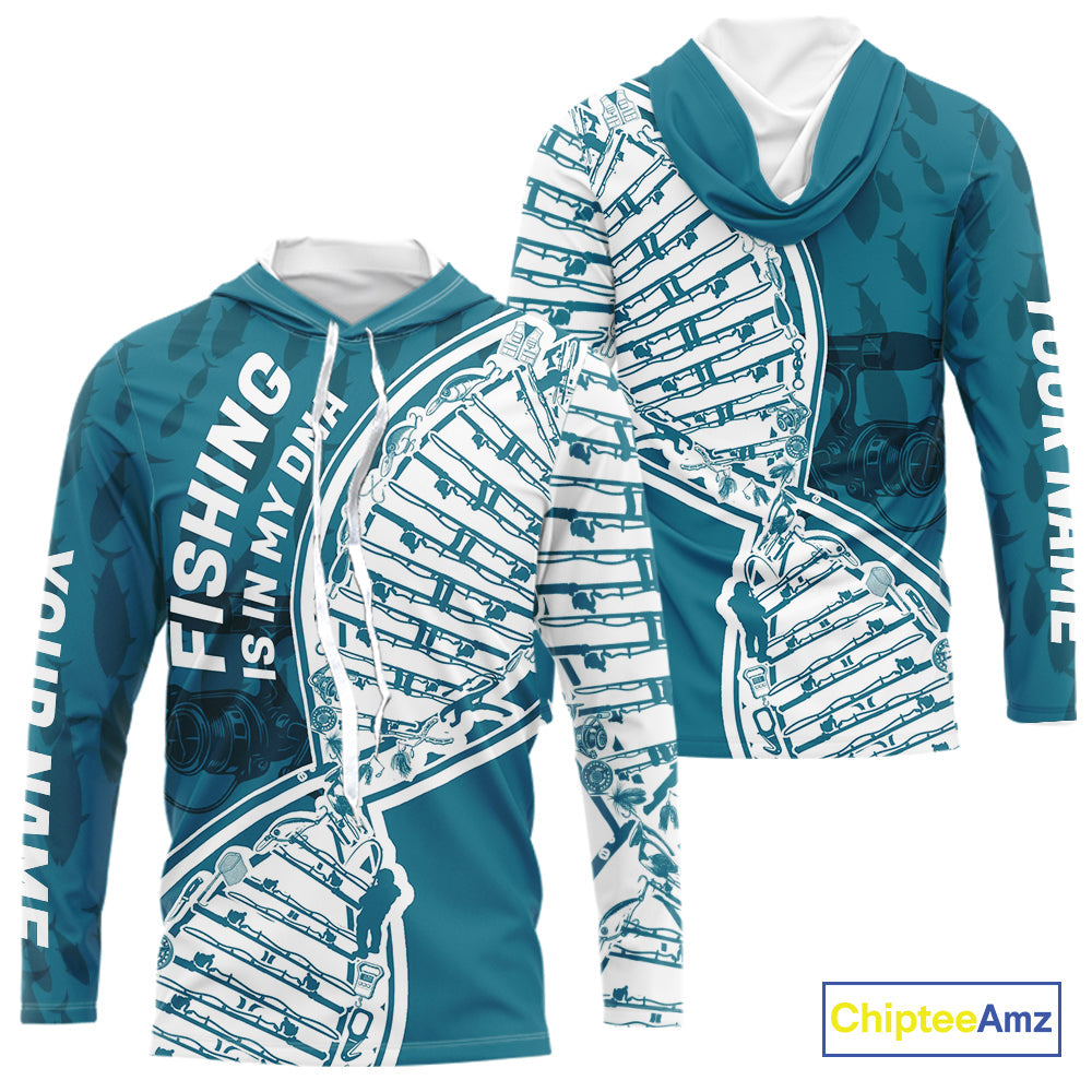 Aqua Blue Fishing Is In My DNA Custom Long Sleeve Hooded Fishing, Fishing Tools DNA