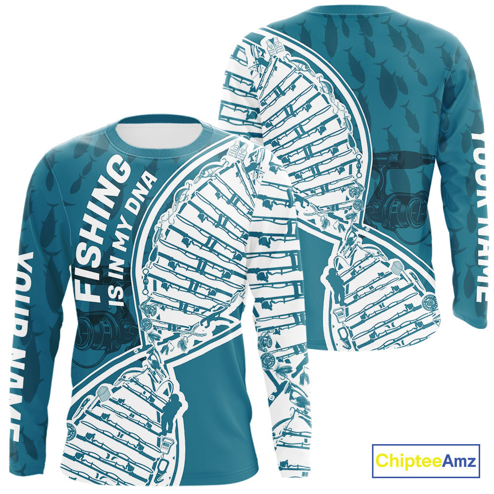 Aqua Blue Fishing Is In My DNA Custom Long Sleeve Hooded Fishing, Fishing Tools DNA