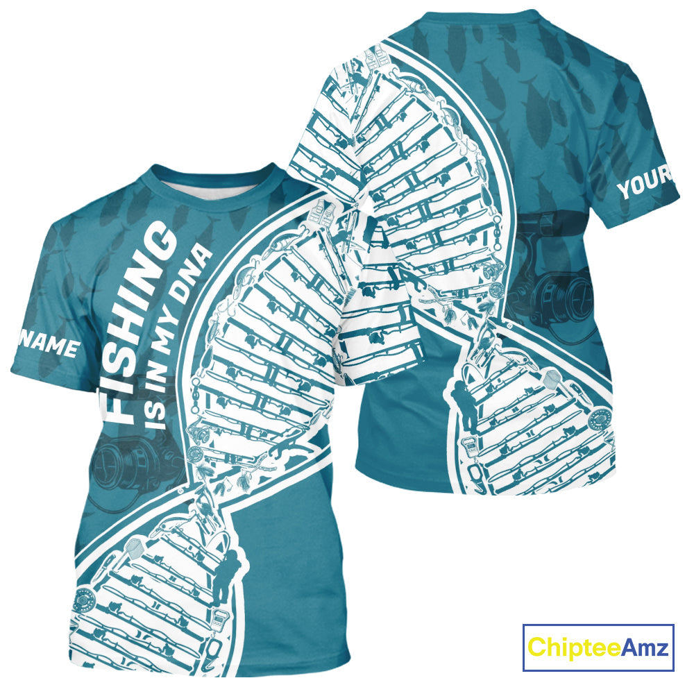 Aqua Blue Fishing Is In My DNA Custom Long Sleeve Hooded Fishing, Fishing Tools DNA