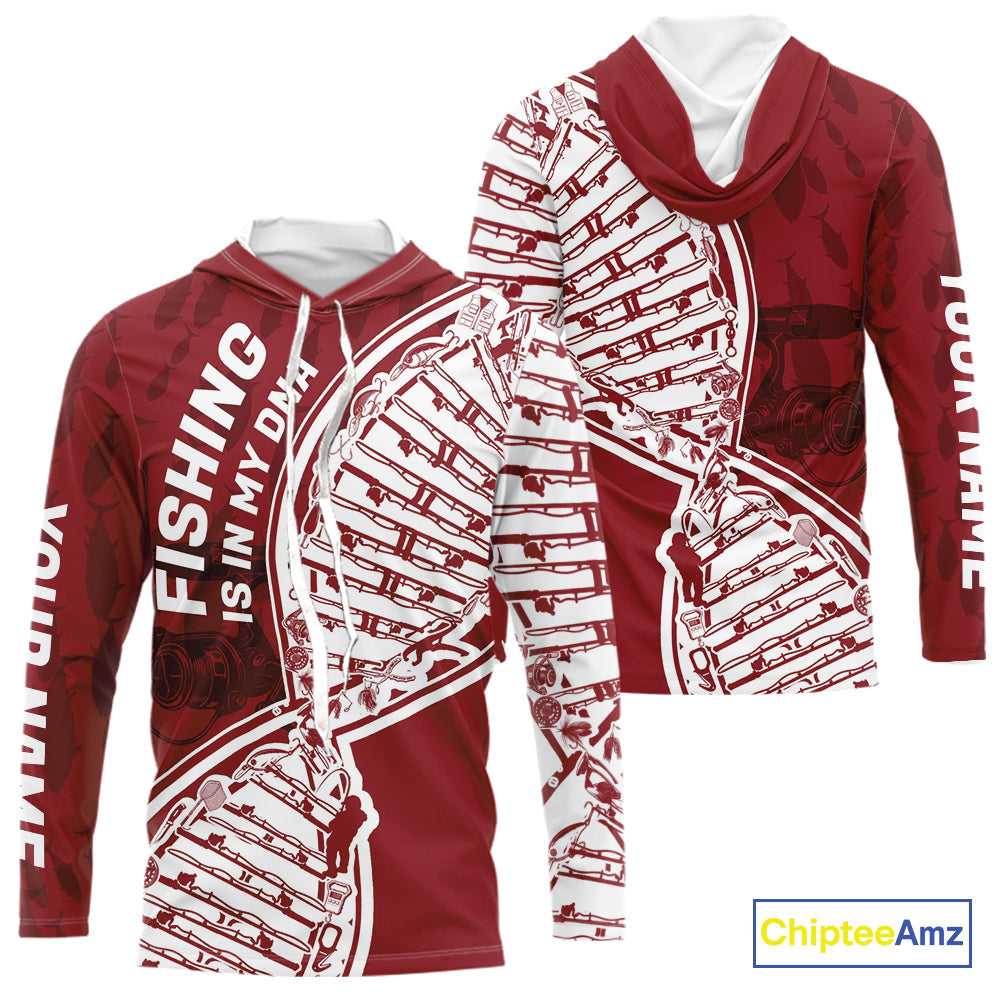 Red And White Fishing Is In My DNA Custom Long Sleeve Hooded Fishing, Fishing Tools DNA