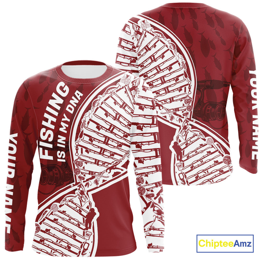 Red And White Fishing Is In My DNA Custom Long Sleeve Hooded Fishing, Fishing Tools DNA