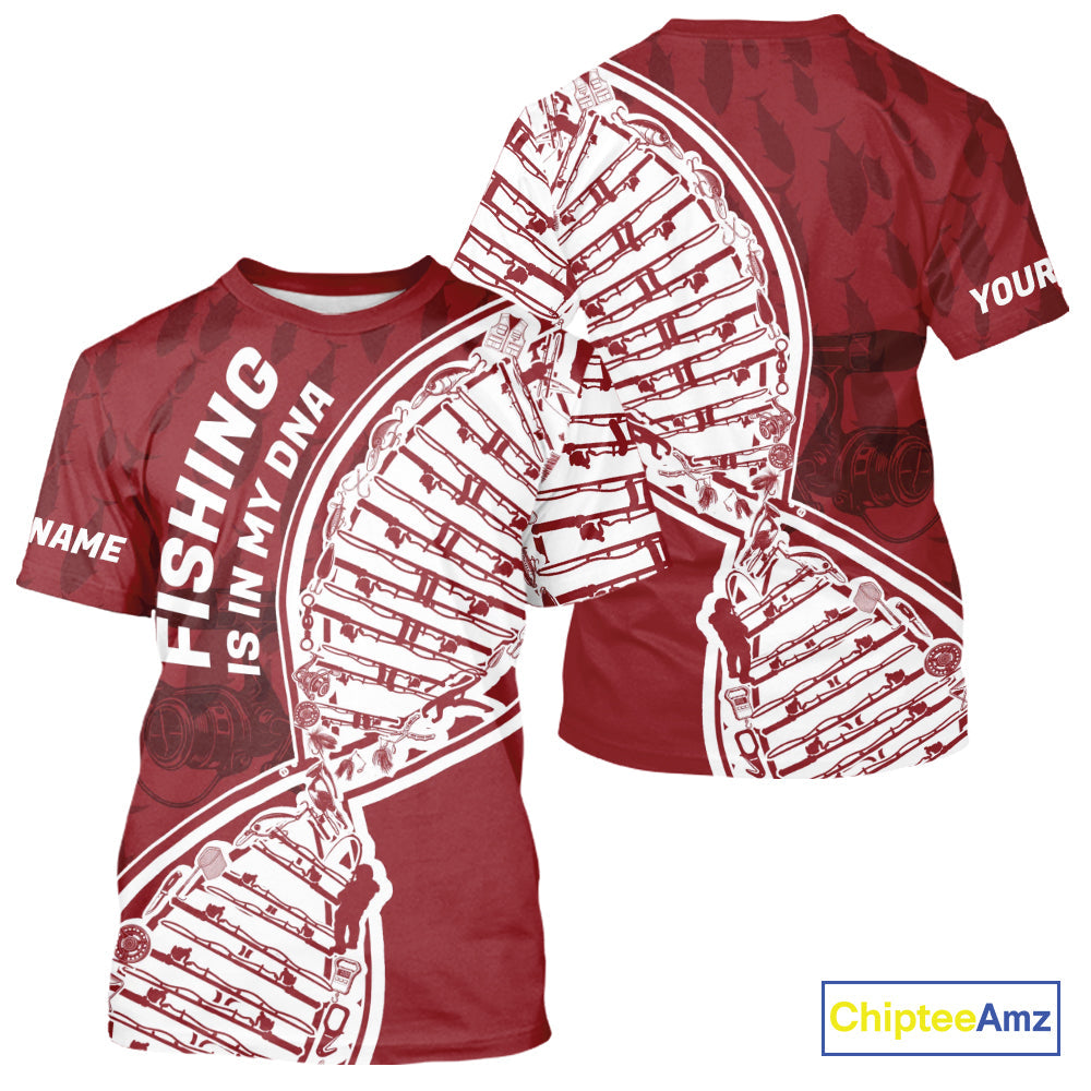 Red And White Fishing Is In My DNA Custom Long Sleeve Hooded Fishing, Fishing Tools DNA