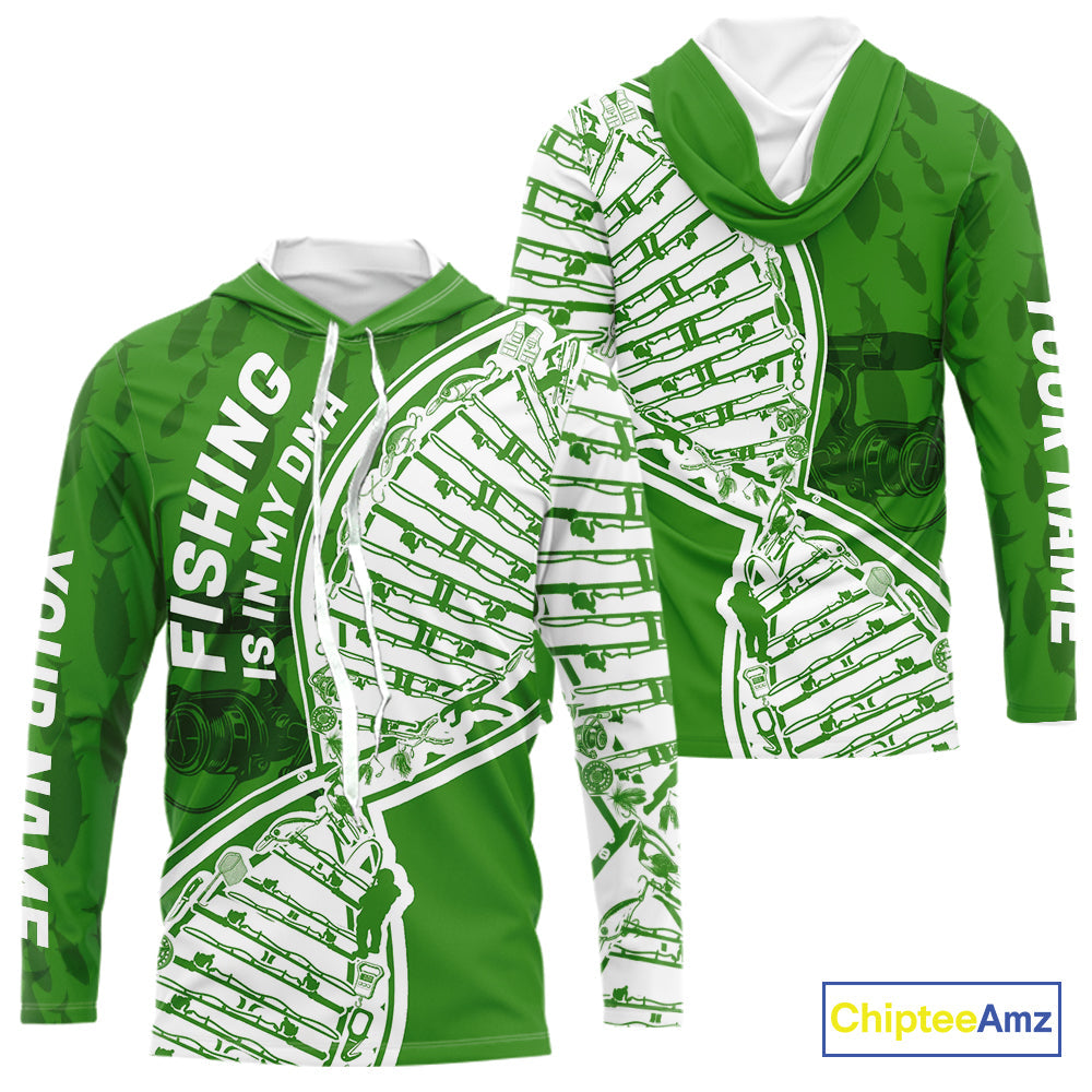 Green And White Fishing Is In My DNA Custom Long Sleeve Hooded Fishing, Fishing Tools DNA