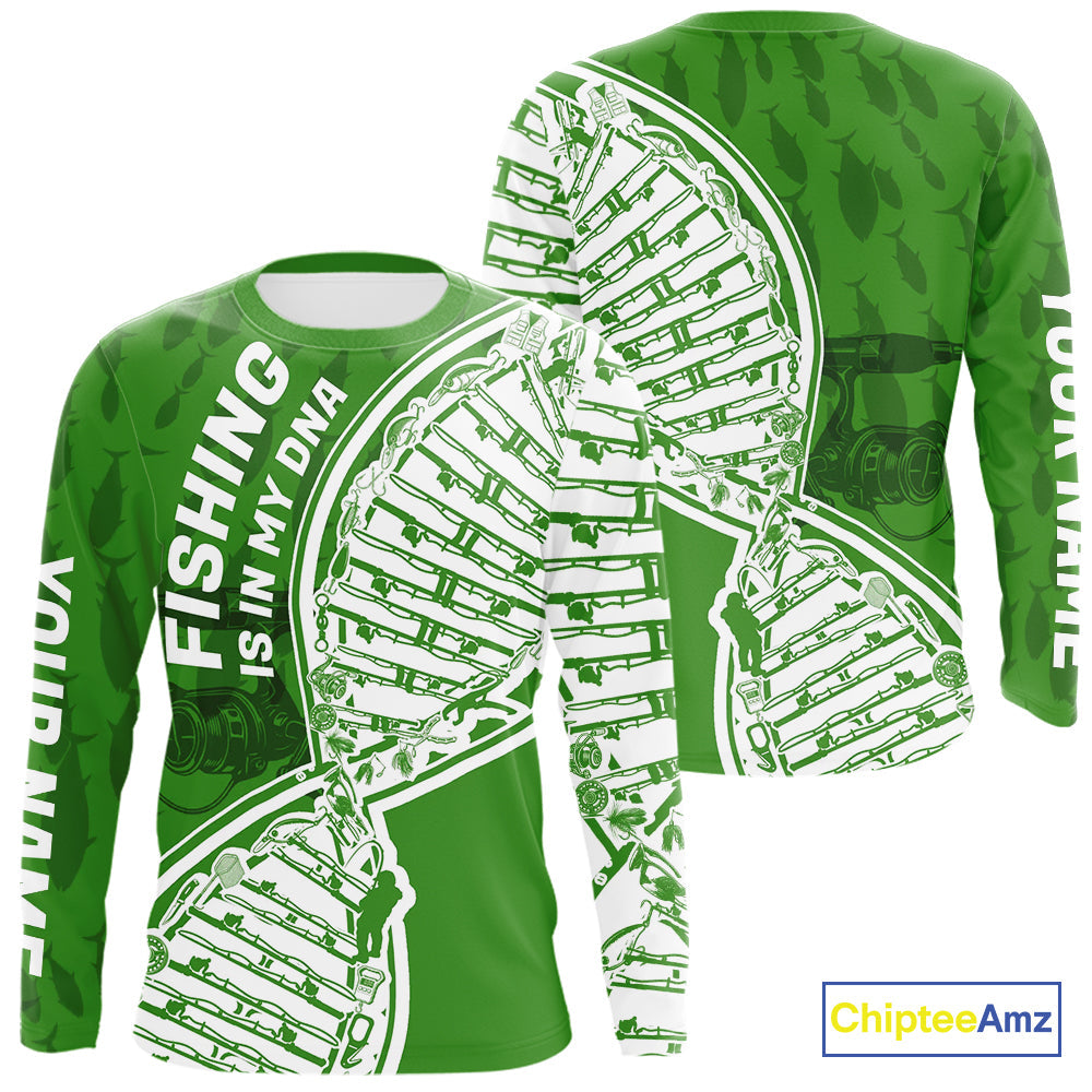 Green And White Fishing Is In My DNA Custom Long Sleeve Hooded Fishing, Fishing Tools DNA