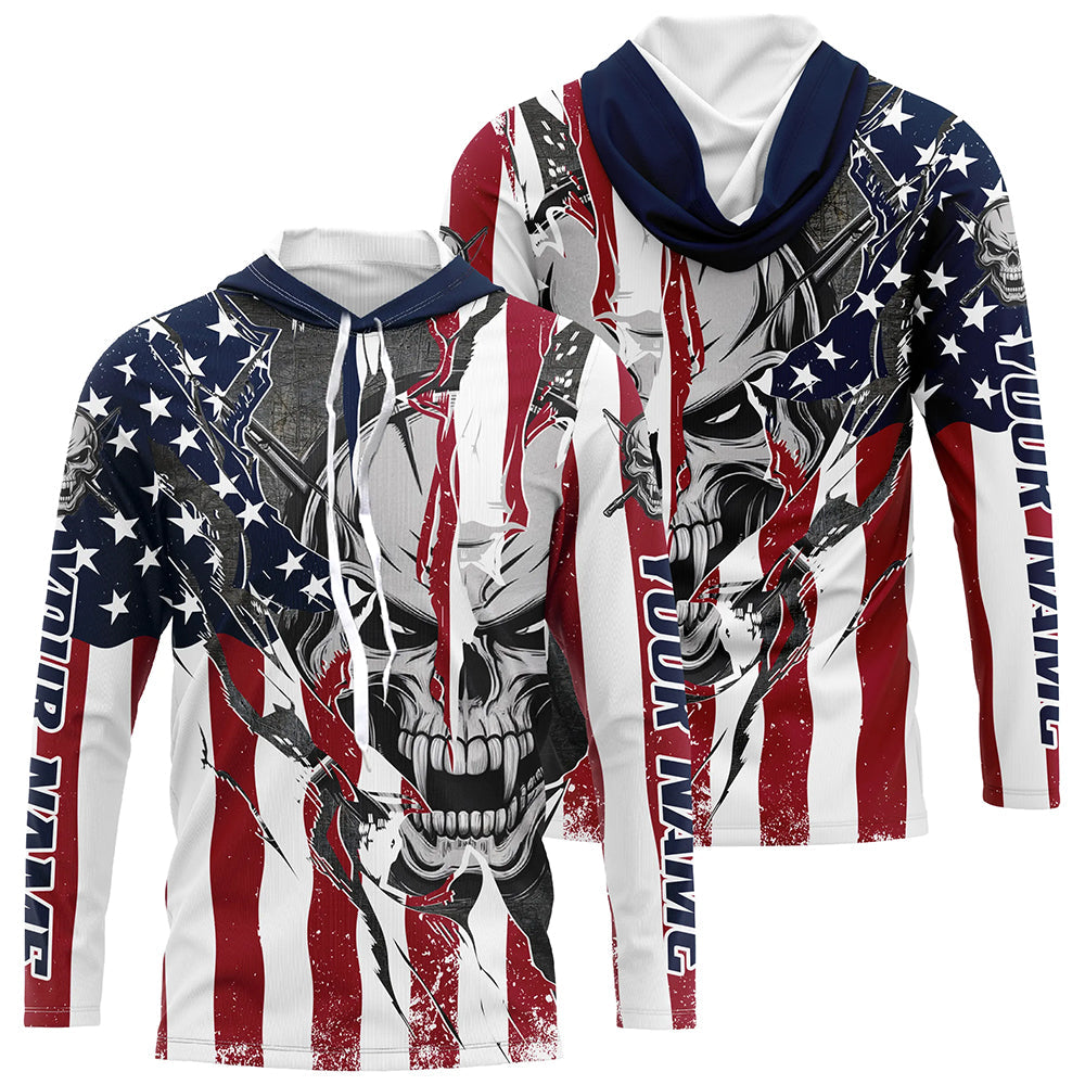 American Flag Custom Skull Long Sleeve Fishing, Patriotic Personalized Fishing