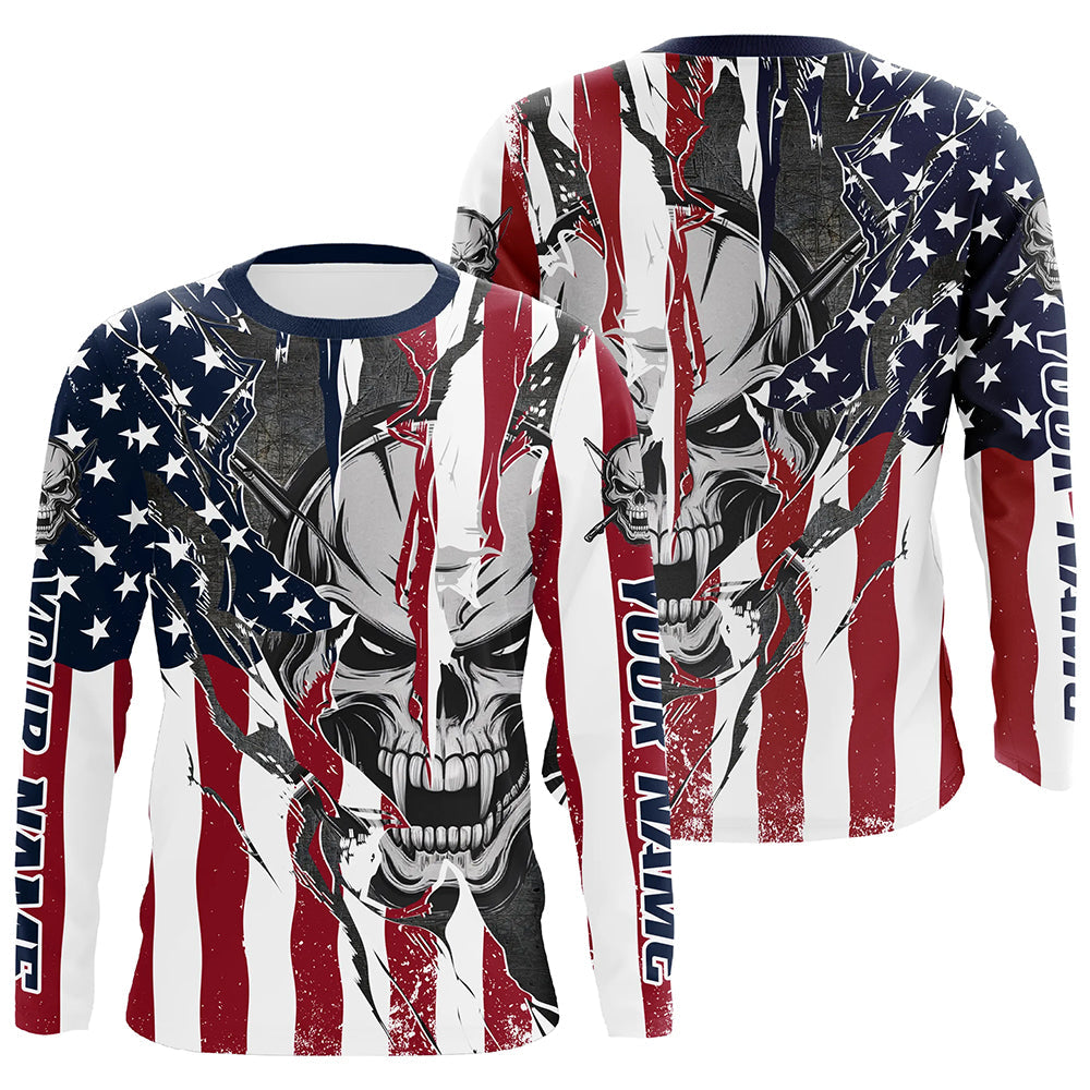 American Flag Custom Skull Long Sleeve Fishing, Patriotic Personalized Fishing