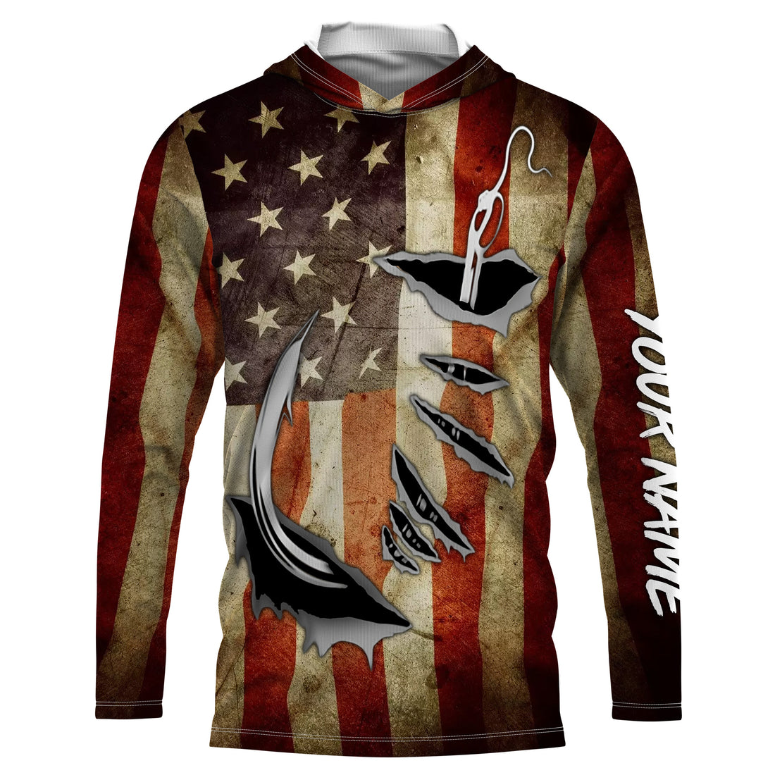 Fish Hook Vintage American Flag Custom Long Sleeve Fishing, Personalized Patriotic Fishing Gifts FEB21 - IPHW661