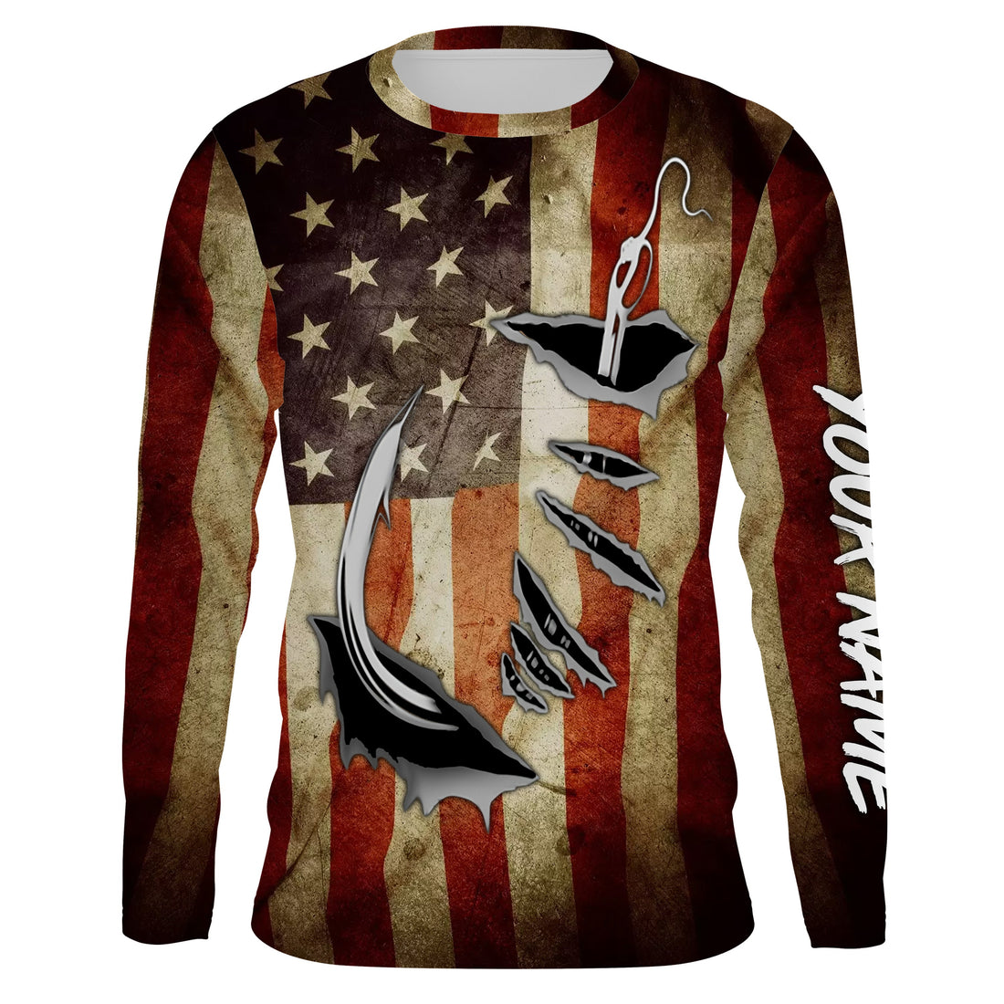 Fish Hook Vintage American Flag Custom Long Sleeve Fishing, Personalized Patriotic Fishing Gifts FEB21 - IPHW661