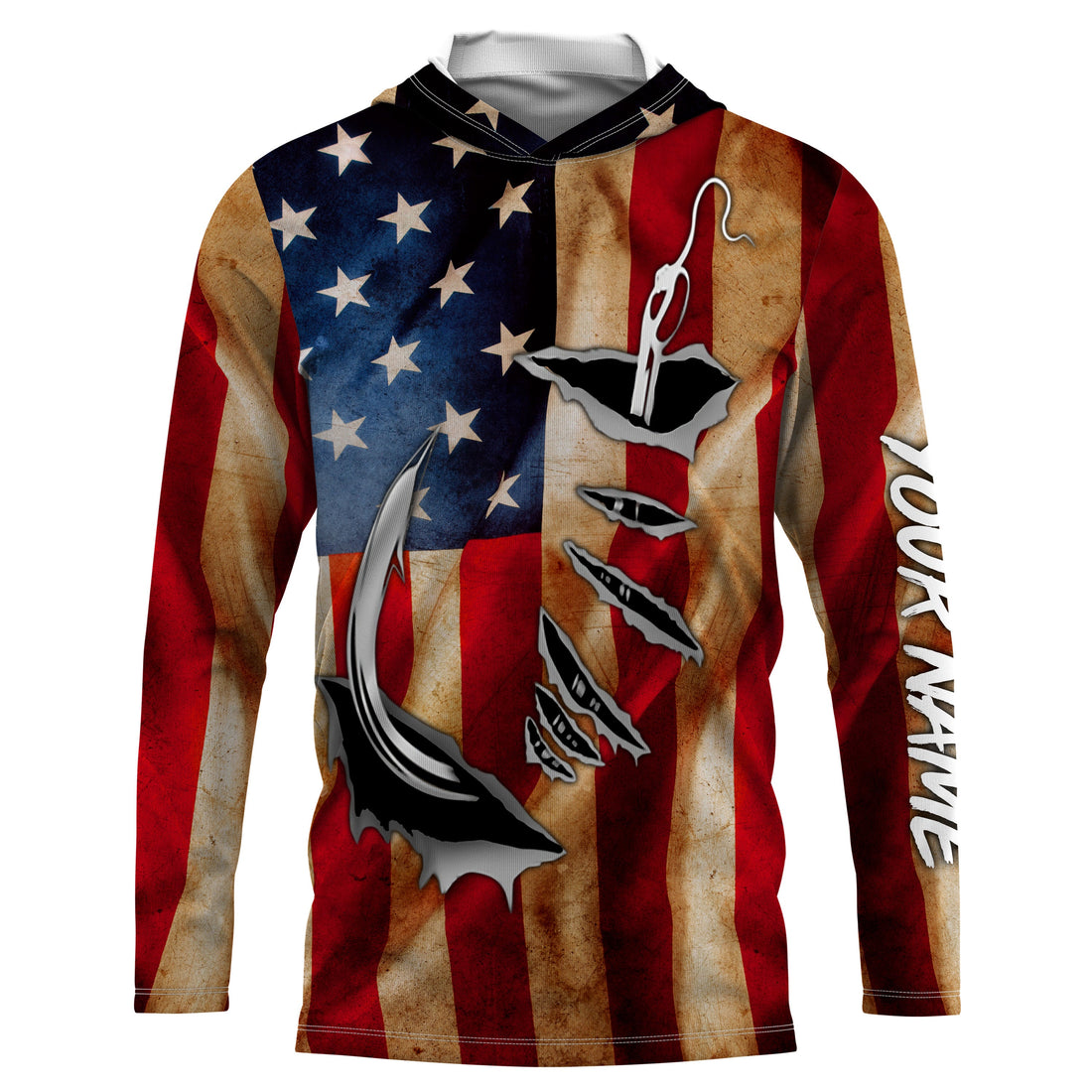 Fish Hook Vintage American Flag Custom Long Sleeve Fishing, Personalized Patriotic Fishing Gifts FEB21 - IPHW662