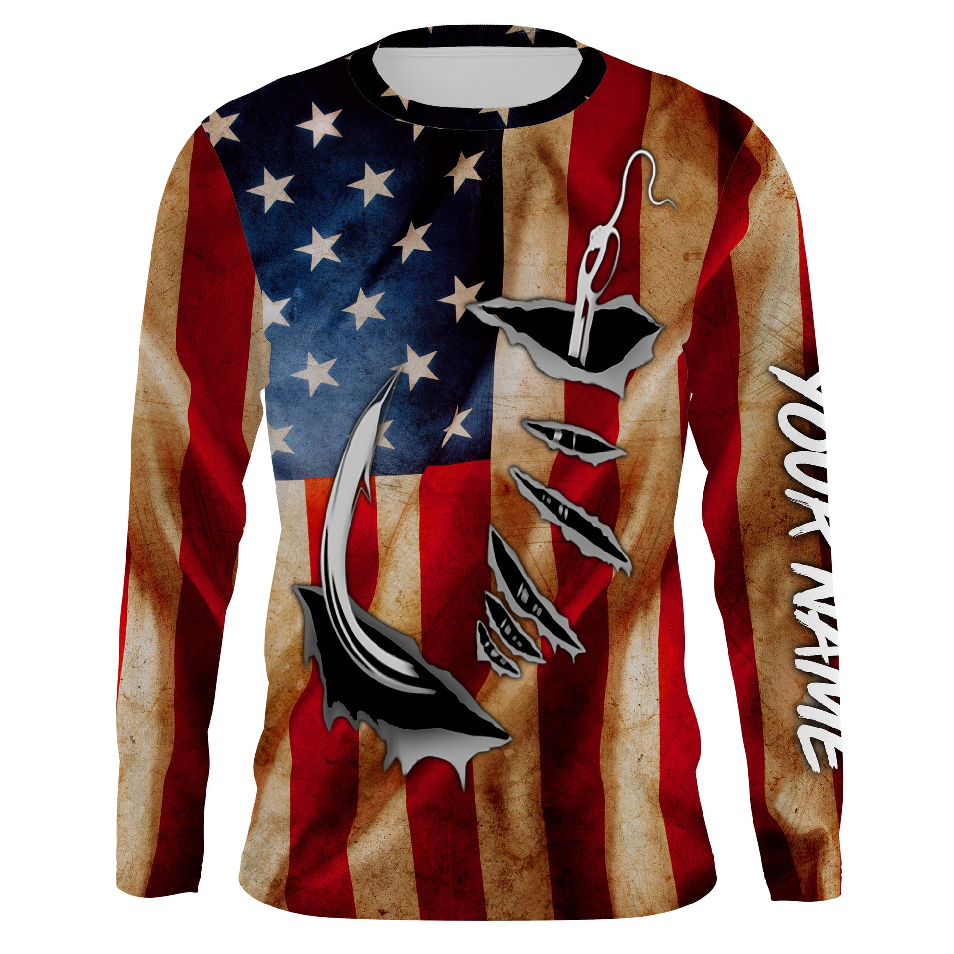 Fish Hook Vintage American Flag Custom Long Sleeve Fishing, Personalized Patriotic Fishing Gifts FEB21 - IPHW662