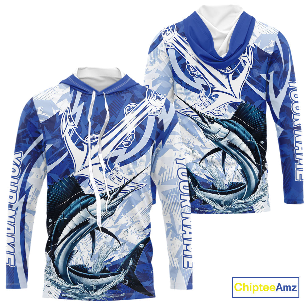Blue Camo Anchor Custom Sailfish Saltwater Long Sleeve Hooded Performance Fishing