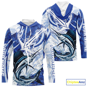 Blue Camo Anchor Custom Sailfish Saltwater Long Sleeve Hooded Performance Fishing