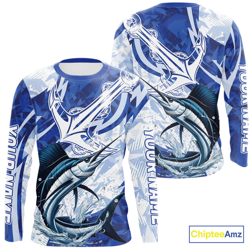 Blue Camo Anchor Custom Sailfish Saltwater Long Sleeve Hooded Performance Fishing
